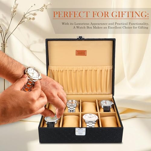 Image of LEDO Men's and Women's Watch Box Holder Organizer Case In 8 Slots of watches In PU Leather with Royal Black & Cream color Pack of 2