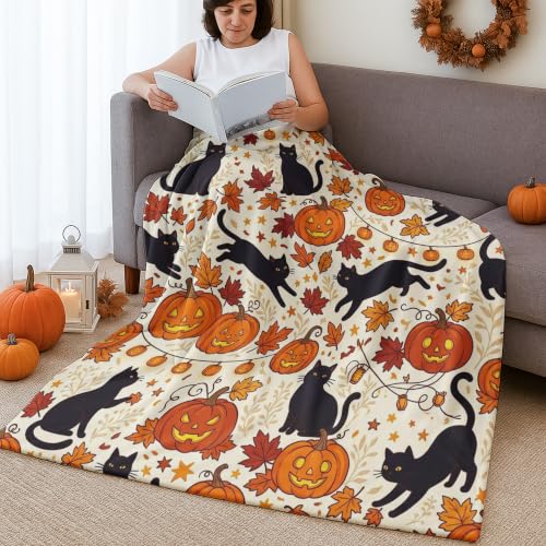Jeté de lit en polaire plaid citrouilles Halloween couverture canapé chat orange 152x203cm - 3