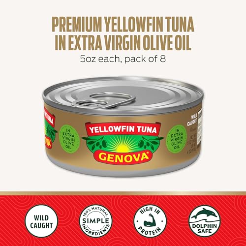 Image of Genova Premium Yellowfin Tuna in Extra Virgin Olive Oil with Sea Salt, 5 Ounce Cans (Pack of 24), Wild Caught, Solid Light
