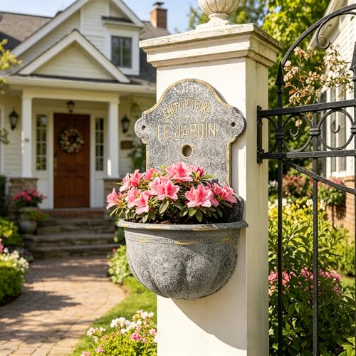 Large French Country Wall Planter, 27.95" H x 18.11" W Vintage Metal Le Jardin Wall Mounted Flower Pot, Rustic Farmhouse Vertical Garden Planter for Indoor Outdoor Patio, Living Room, Balcony Decor