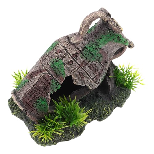 VANZACK Ruine D'aquarium en Résine, Vase Tonneau Cassé Incliné Herbe, Cachette Décorative pour Crevettes et Poissons, Abri Naturel pour Aquarium d'eau...