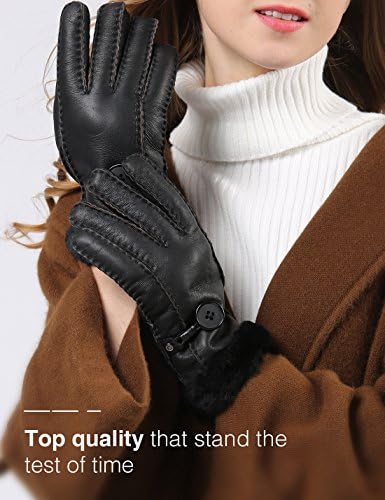 YISEVEN Women's Merino Sheepskin Shearling Leather Gloves Mittens Sherpa Fur Cuff Thick Wool Lined and Heated Warm for Winter Cold Weather Dress Driving Work New Year Gifts, Black Large