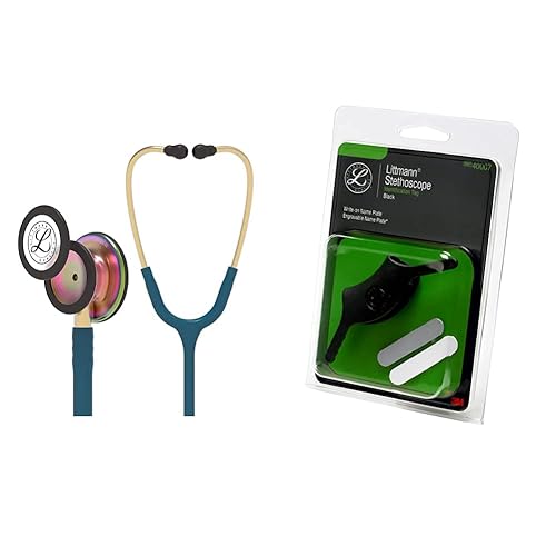 3M 5870 Littmann Classic III - Estetoscopio de monitoreo con acabado de arco iris con etiqueta de identificación negra, tubo azul caribeño de 27