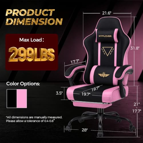 Image of GTPLAYER Video Gaming Chair Fabric, Ergonomic Computer Chair with Footrest and Pocket Spring Cushion, Height Adjustable Video Gamer Chair with Lumbar Support for Adults, Pink