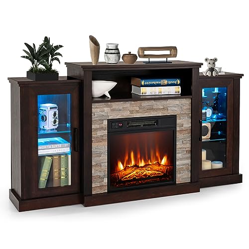 DORTALA - DORTALA Electric Fireplace TV Stand for TVs Up to 65 Inches, Electric Fireplace Mantel with 16-Color Led Lights, Adjustable Glass Shelves, Remote & Smart APP Control, Dark Brown