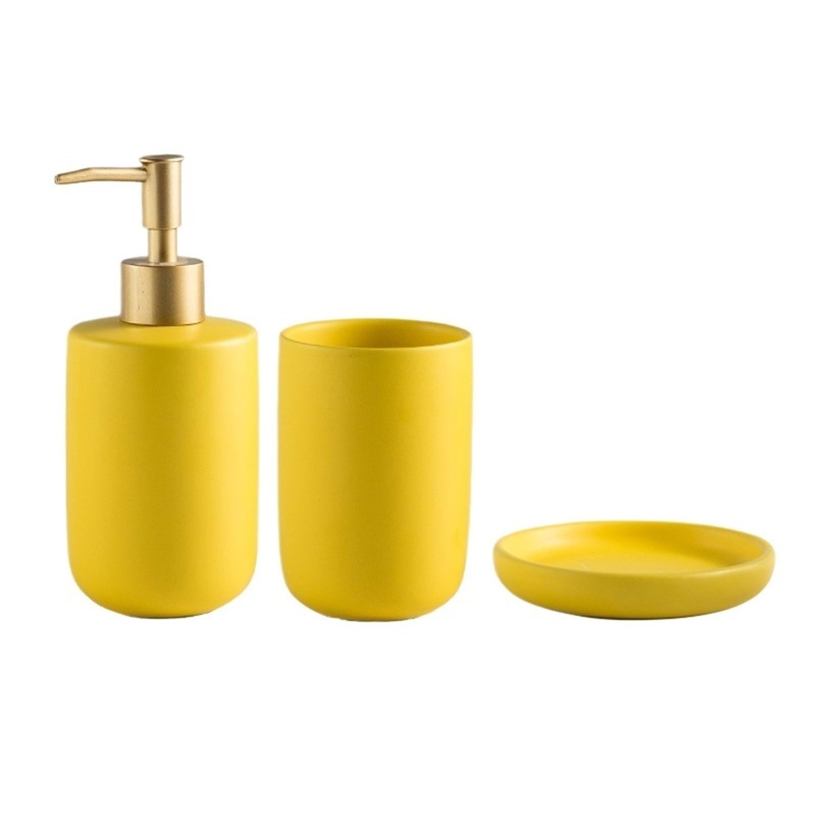 Home 3 Pieces Ceramic Bathroom Accessories Set Includes Lotion Soap Dispenser, Mouthwash Cup, Dish Shower Dispensers(Yellow)