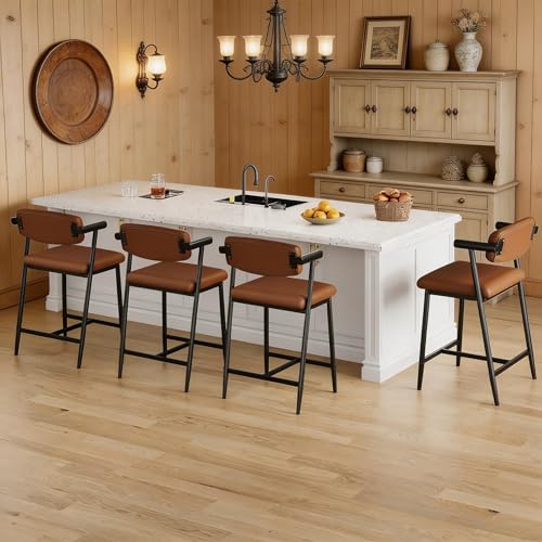 Image of GarveeHome Counter Height Bar Stools Set of 4 with Armrests, 26 inch Upholstered 4pcs Tall Bar Stools Set, Long Backrest & Extra Thick Cushion, Modern High Barstools for Kitchen Island, Pub, Coffee Brown