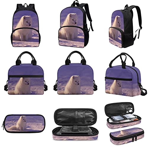 Zoo Animal Print Backpack Set Arctic Fox Schoolbag Lunch Box Pencil Pen Case 3 In 1 Combo Set2