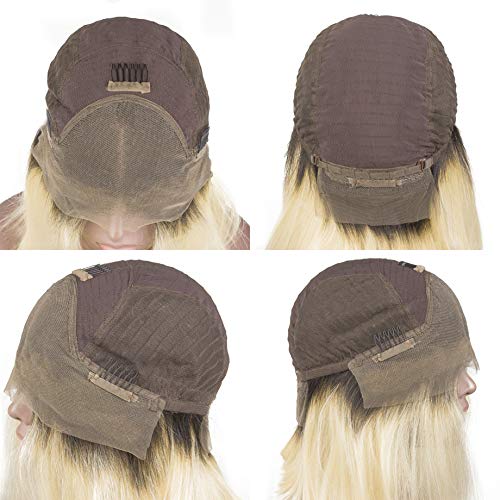 1B/613 Blonde bob wig PrePlucked Hairline Ombre 613 Blonde Brazilian Human Hair Lace Front Wig for Black Women Glueless Middle Part Short Cut Style Bob Straight 13x4 Frontal Bleached Knots Wig 8"