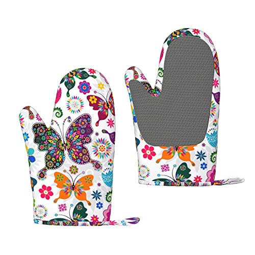 Guanti da forno in silicone Farfalla colorata Guanti da cucina in morbido cotone resistente al calore Set di 2 Presine riutilizzabili antiscivolo per barbecue Cottura Cottura alla griglia