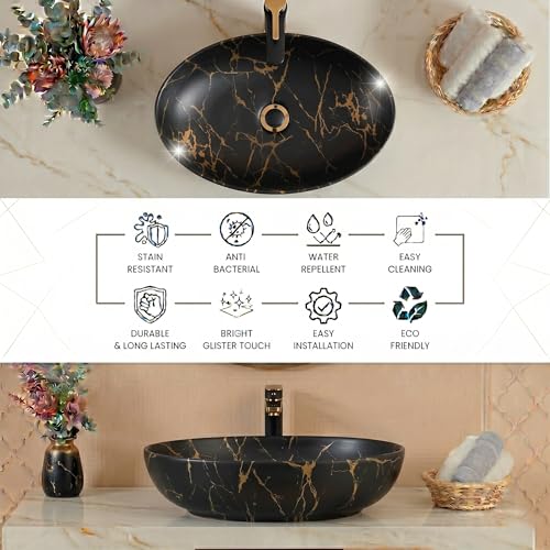 Image of BASSINO 20x16x5 Inches Ceramic Table Top Wash Basin /Designer Bathroom Sink /Luxury Countertop Vessel Basin /Oval Above Counter Basin /Wash Basin for Bathroom /Dining Hall /Vanity Sink(Matt Black Marble)