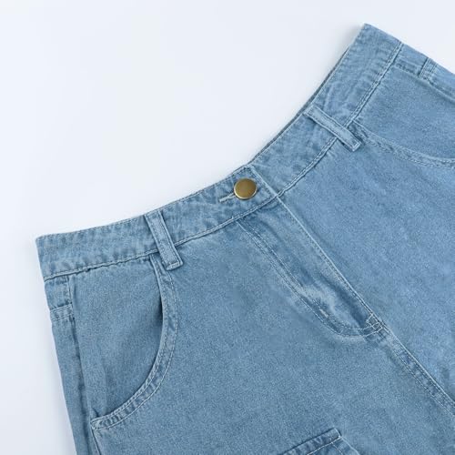 AULKEEP Womens Wide Leg Bell-Bottomed Pants Loose Baggy Denim Pants Multi-Pocket High Waist Blue Jeans2