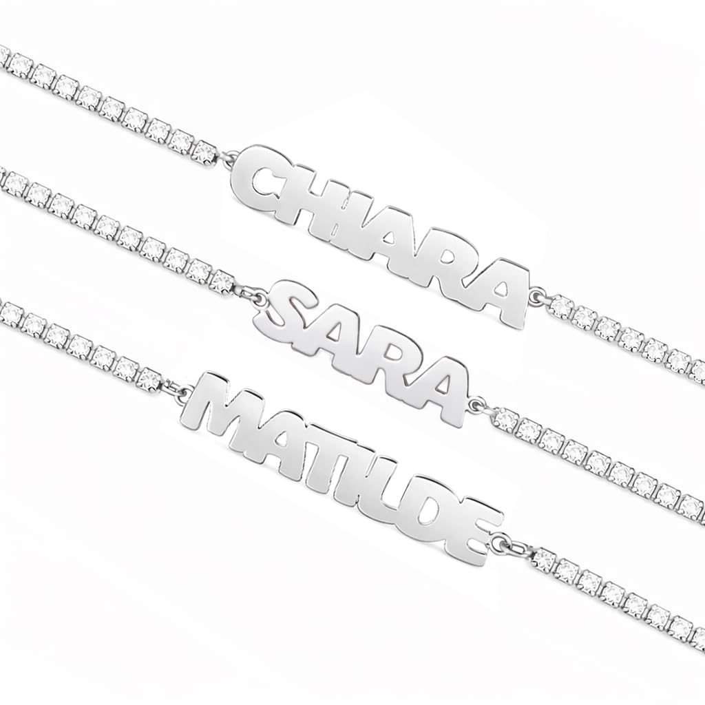 Sakrami Bracciale con Nome Tennis Personalizzato Stampatello Argento 925 Rodiato o Placcato Oro con Zirconi Bianchi Rosa Multicolor, Regalo Donna Ragazza Laurea Compleanno Comunione