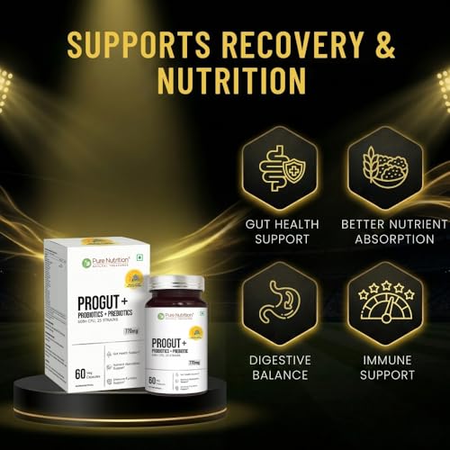 Image of Pure Nutrition Progut + | Probiotics Supplement 60 Billion CFU | Gut Health Supplements with Probiotic | Gut Cleanse with Prebiotics and Probiotics | Supports Digestive Health | Relief from Gas & Bloating - 60 Capsules