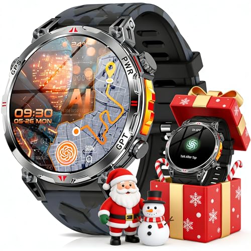 Mingdaln Military Smart Watch with GPS/Compass, Smartwatch with GPT Voice Assistant, 1.56" AMOLED Screen Smart Watch for Men, Compatible with Android & iOS (Bluetooth Call Answer/Dial) (Black)