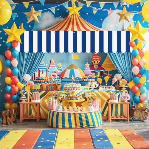 Image of Preboun 3 Pcs Carnival Awning Decorations Tent Circus Hanging Decorations Carnival Banner Concession Stand Sign Canopy Awning for Pirate Summer Party, 9.84''x78.74'' (Navy Blue and White)