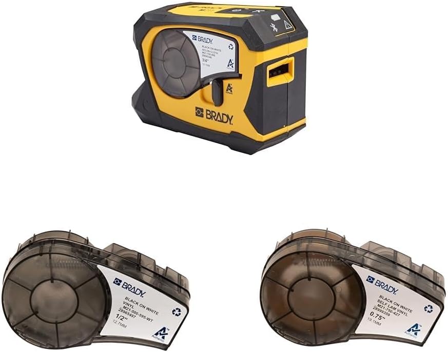 Brady M211 Portable Bluetooth Monochrome Label Printer, Yellow/Black & Authentic (M21-500-595-WT) All-Weather Vinyl Label & Authentic (M21-750-427) Self-Laminating Wire Wrap