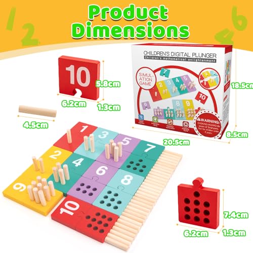 Image of TEUVO Counting Pegs Board Montessori Toys for Kids Aged 3 4 5 6 Years Old, Wooden Early Math and Number Digital Plunger Manipulatives Materials Game for Toddlers Home Kindergarten Daycare Classroom