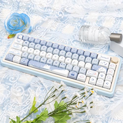 Image of Blue White Keycaps MOA Profile Keycaps Cute Puppy Custom Keycaps for Mechanical Keyboard, 132 Keys Set PBT Keycaps Dye Sublimation Keycaps