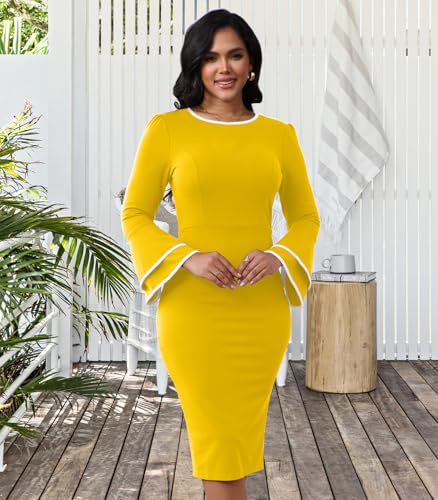 Image of Church Dress for Women Flared Sleeve Midi Pencil Dress Elegant Teacher Office Business Wear to Work Dresses