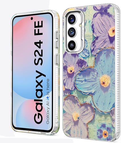 Image of Elzzi Compatible with Samsung S24 FE 5G Case Laser Flower Oil Painting Cute Colorful Blue Ray Bumper with Full Camera Protection Shockproof PC+TPU Glossy Shiny Cover for Girls Women, Green