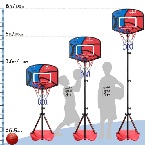 HAHAKEE Kids Basketball Hoop, Height-Adjustable 2.9 FT-6.1 FT, Indoor and Outdoor Basketball Set for Toddlers Age 3-8