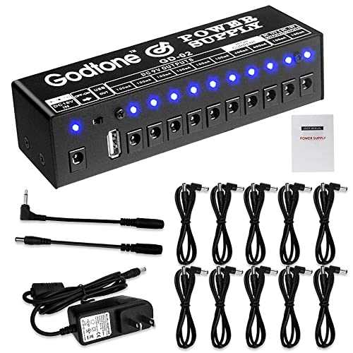 Guitar Pedal Power Supply 10 Isolated DC Output for 9V/12V/18V, 100mA 400mA Effect Pedal, with USB(5V2A) GD-02