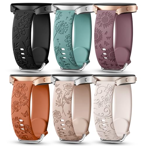 Sunnywoo 6 Pack Floral Engraved Watch Bands for Samsung Galaxy Watch 7/6/5/4 (40mm/44mm), 6/4 Classic, 5 Pro, 20mm Women Stylish Silicone Sport Strap for Daily Wear or Outdoor