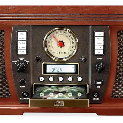 Victrola Aviator 8-in-1 Bluetooth Record Player & Multimedia Center with Built-in Stereo Speakers - 3-Speed Turntable, Vinyl to MP3 Recording, Wireless Music Streaming, Mahogany