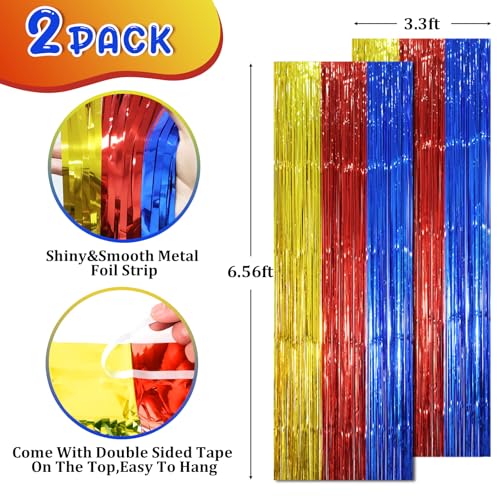 Image of Voircoloria 2 Pack Blue Red Gold Foil Fringe Backdrop Curtains, Tinsel Streamers Party Decorations, Fringe Backdrop, Door Shimmer for Birthday Party