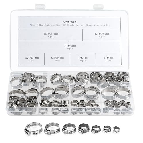70 Pieces 7-21mm Stainless Steel 304 Single Ear Hose Clamps 7 Sizes