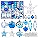MAISITOO Bolas de Navidad Juego 73 Piezas Azul y Plata Bolas De Arbol De Navidad Plástico con Copa de árbol Adornos Bola de Navidad Navideños Decoraciones Regalos de Colgantes de Navidad Boda Fiesta