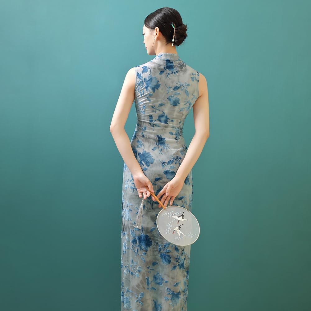 ROYAL SMEELA Cheongsam Velours pour Femme Qipao Imprimé Sexy Robe Qipao sans Manches Col Mandarin Robe Cheongsam Qipao Traditionnelle Chinoise Qipao Longue Adulte Robes Cheongsam Fente Bleu