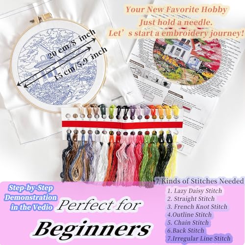 Image of FONNUY Embroidery Kit for Beginners, Boho Nature Landscape Pre-Stamped Pattern Kits for Adults with Hoop, Easy to Follow Color Thread Needlework, 8'' Hoop (Flower House)