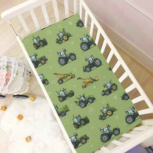 Image of Farm Tractors Cartoon Crib Sheets Soft Breathable Fitted Baby Crib Sheets Mattress Cover for Girls Boys 52 inch x 28 inch x 9 inch