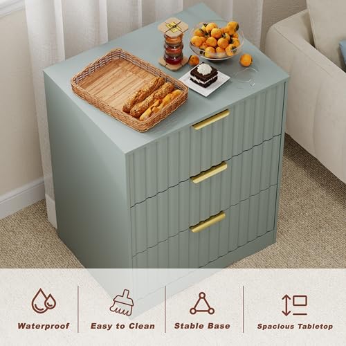 Image of Fluted 3 Drawer Dresser,24 inch Wood Night Stand, Bedside & End Table with Metal Handles, Modern Wood Chest of Drawers for Bedroom, Entryway, Hallway,Living Room,Green