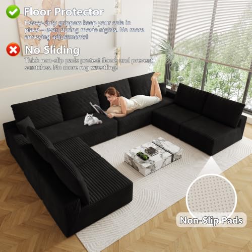 Image of Oversized Modular Sectional Sofa Couch, Large 8 Seater Corner Sofa Modern U Shaped Sectional Couch Cloud Couches for Living Room, Office, Spacious Space, Corduroy, No Assembly Required, Black