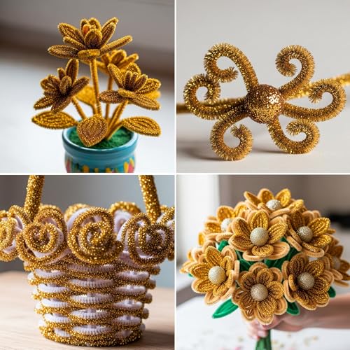 Image of Caydo 200 Pieces Glitter Golden Pipe Cleaners, Thick Fluffy Chenille Stems, Pipe Cleaner Crafts for Arts & Crafts, Perfect for Making Animals, Flowers, and Home Decorations
