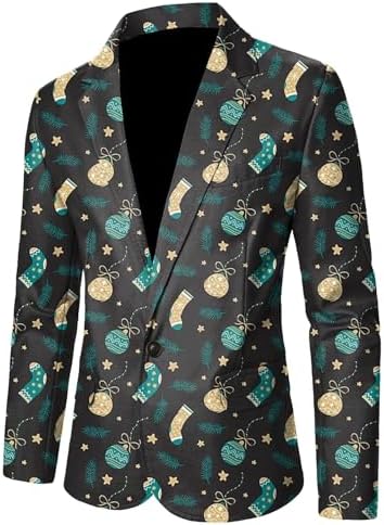 Costume De Noël 2 Pièces Pour Homme - Imprimé Père Noël Et Flocon De Neige - Blazer Amusant