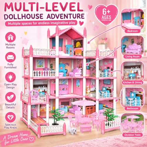 Image of Doll House for Girls 3+ Years, Large Multi-Level Pink Dollhouse with Furniture, Balconies, Rooms, Patio & Pretend Play Accessories, Dream House Toy