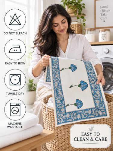 Image of Ravaiyaa - Attitude is Everything Hand Block Printed Cotton Table Runner | Floral Printed Table Runner for Home Decor, Kitchen | 60 x 16 Inch-(Turquoise Floral)