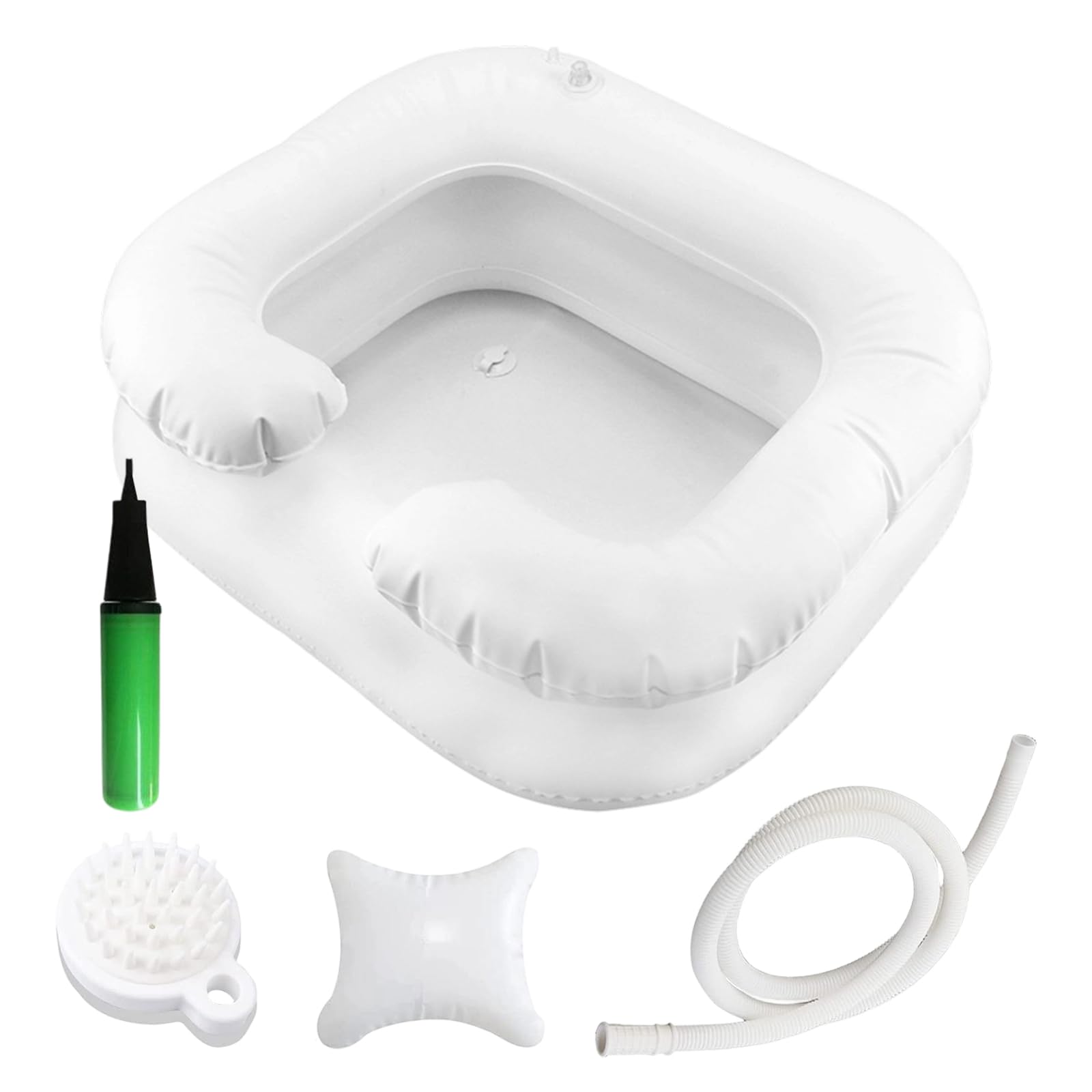 Haarwaschbecken für Bettlägerige, 5 Stück Aufblasbares Haarwaschbecken mit Kopfkissen Luftpumpe Massagekamm Ablaufschlauch für Ältere Behinderte Schwangere aus PVC