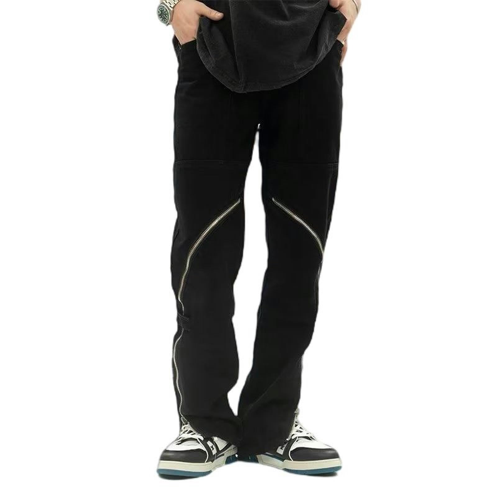 Jeans Neri Svasati Larghi con Cerniera, Pantaloni Unisex - Nero - XXL