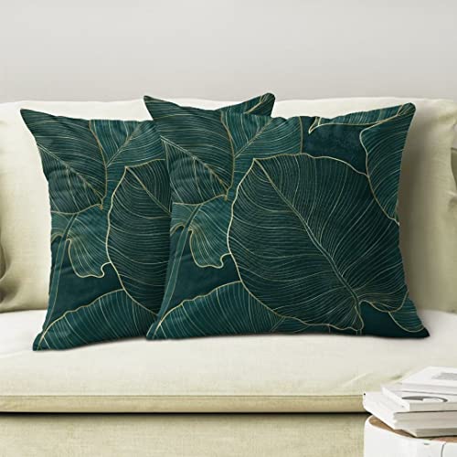 Aeioae Tropical Leaves Pillow Covers 20 X 20 Inch Set Of 2, Emerald Green Minimalist Geometric Palm Leaf Throw Pillow Covers Plant Outdoor Decorative Pillows For Couch Home Sofa Summer Decor #TOP2