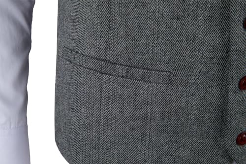Wehilion Mens Tweed Vest Herringbone Full Back Wool Blend V-Neck Slim Fit Waistcoat4