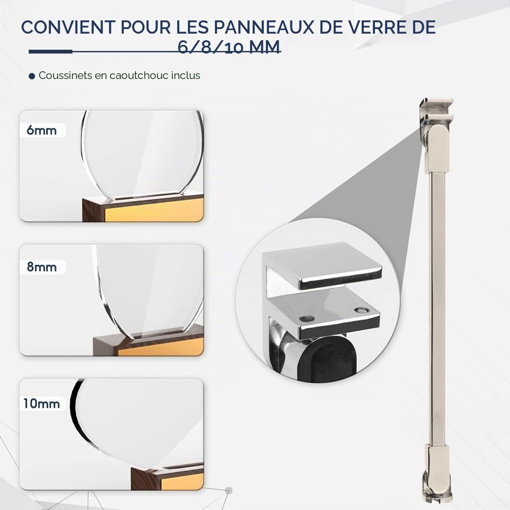 40 cm en acier inoxydable sans cadre Porte de douche Panneau fixe Wall-to-glass Barre de support pour 6mm 8mm 10mm en verre épais M-home