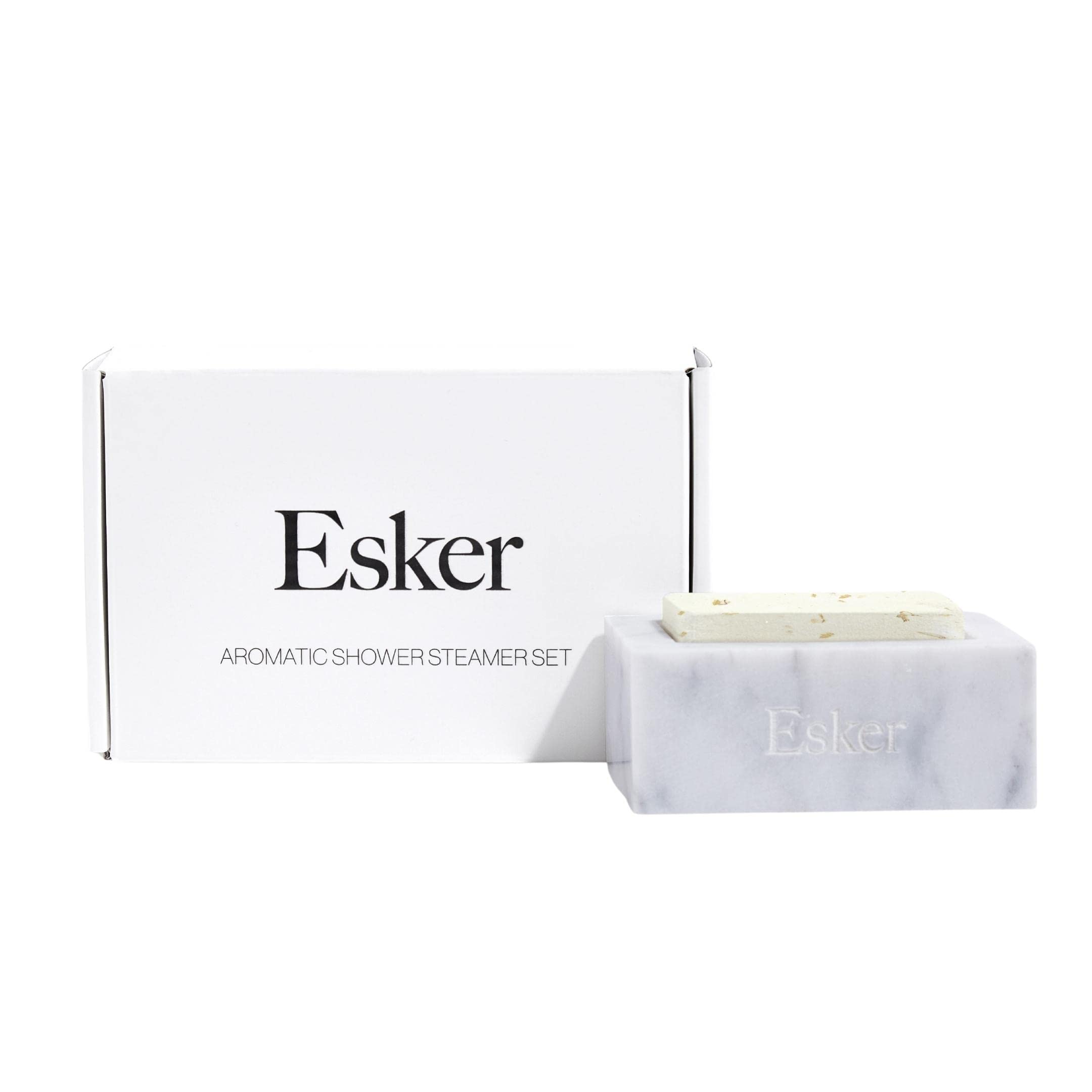 Esker - Aromatic Shower Steamer Set | Vegan, Cruelty-Free, Clean Beauty (Calendula Palo Santo + Eucalyptus Lavender Steamers with Marble Holder)