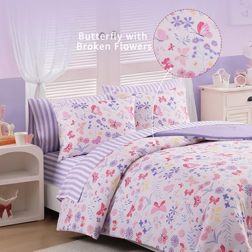 Image of Twin XL Comforter Set for Girls Butterfly Botanical 5 Pieces Bed in a Bag