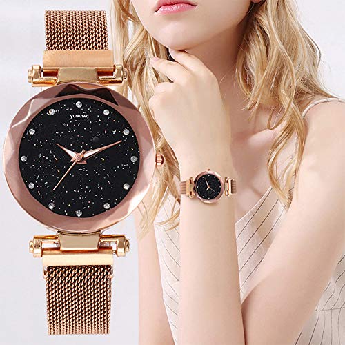 Yunanwa 4 Pack Women Ladies Watches, Starry Sky Magnet Buckle Dial Diamond Cutting Mesh Brand Straps Bracelet Wristwatch #TOP1