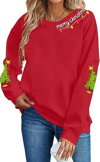 Christmas Sweaters for Women Merry Christmas Sweatshirt Crewneck Long Sleeve Xmas Tree Graphic Pullover Tops